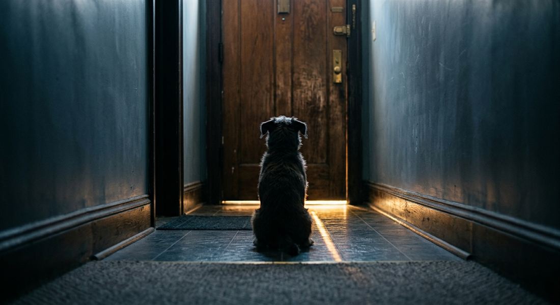 Cão sentado de costas diante da porta fechada, com a luz do corredor passando por baixo